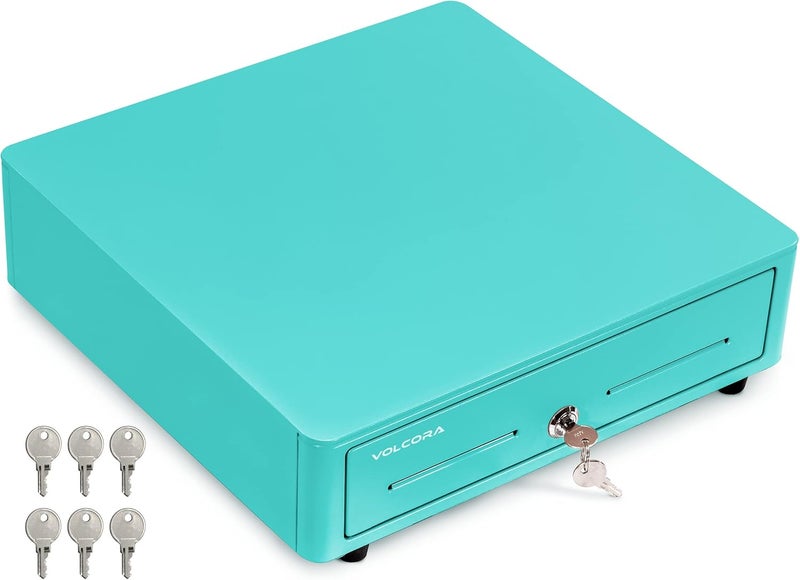 Volcora Cash Register Drawer for (POS) Point of Sale System with Round Corner 13", Removable Coin Tray, 4 Bill/5 Coin, 12-24V, RJ11/RJ12 Key-Lock, Media Slot,Cash Till, for Businesses, Light Blue - Image 1